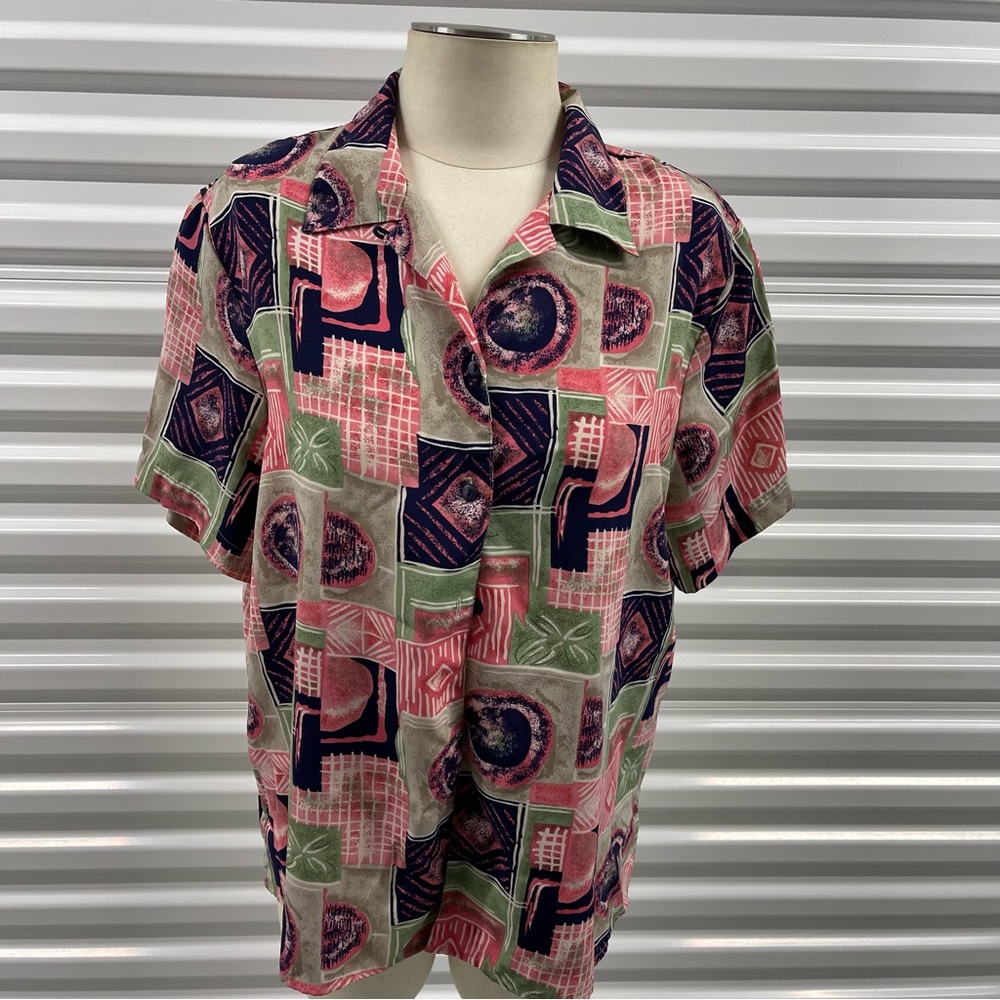 Vintage Notations Pink, Green & Tan Button Down Short Sleeve Top Size XL